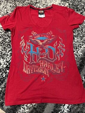 Harley-Davidson Red Girls' V-Neck Tee with Blue Accent Graphic